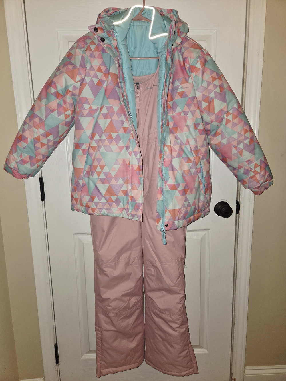 Eddie Bauer Pink & Mint Triangle-Print Kids Snow Jacket and Bib Pants